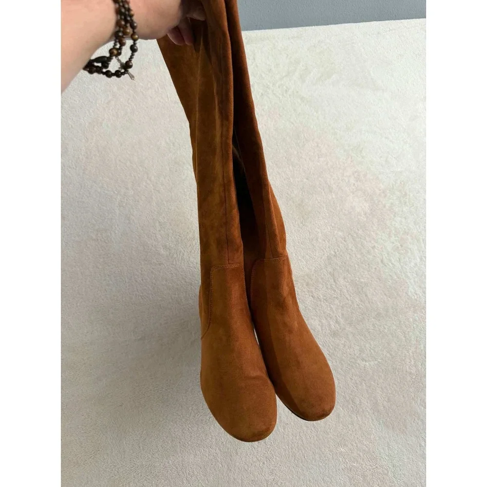 Vtg J. Crew Womens 7.5 Brown Boots Knee High Block Heel Faux Suede BT279
